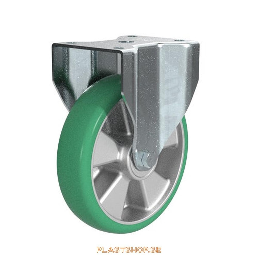Fast bygel, platta, hjuldiameter 200 mm, bygghöjd 238 mm, nav i Aluminium med mjuk bana i Elastiskt Polyuretan, grön färg. 700 kg bärighet, dubbla kullager