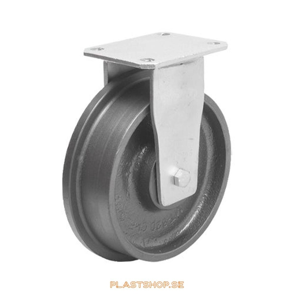 Fixed bracket, plate, wheel diameter 200 mm, building height 245 mm, hard wheel in solid Gjutjärn. 1200 kg load capacity, dubbla ball bearings