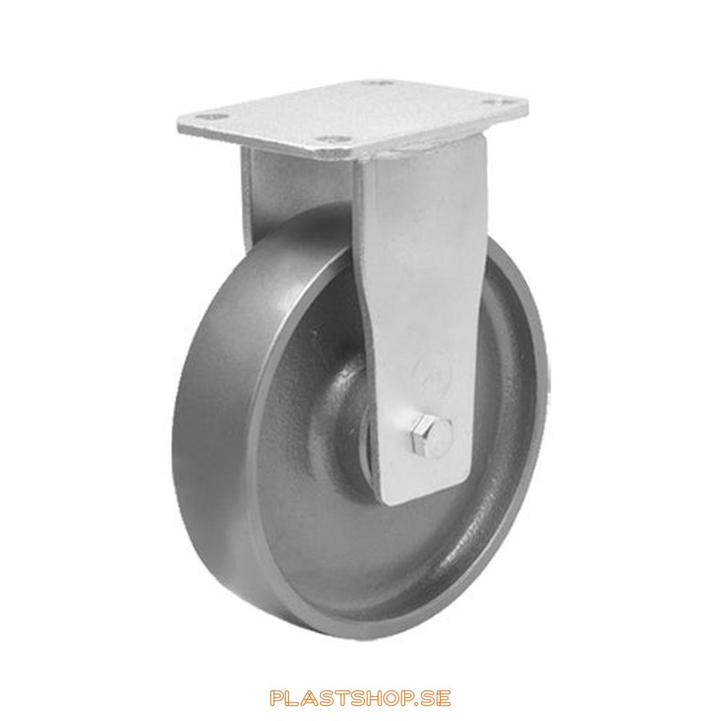 Fast bygel, platta, hjuldiameter 200 mm, bygghöjd 245 mm, hårt hjul i massiv Gjutjärn. 1000 kg bärighet, dubbla kullager