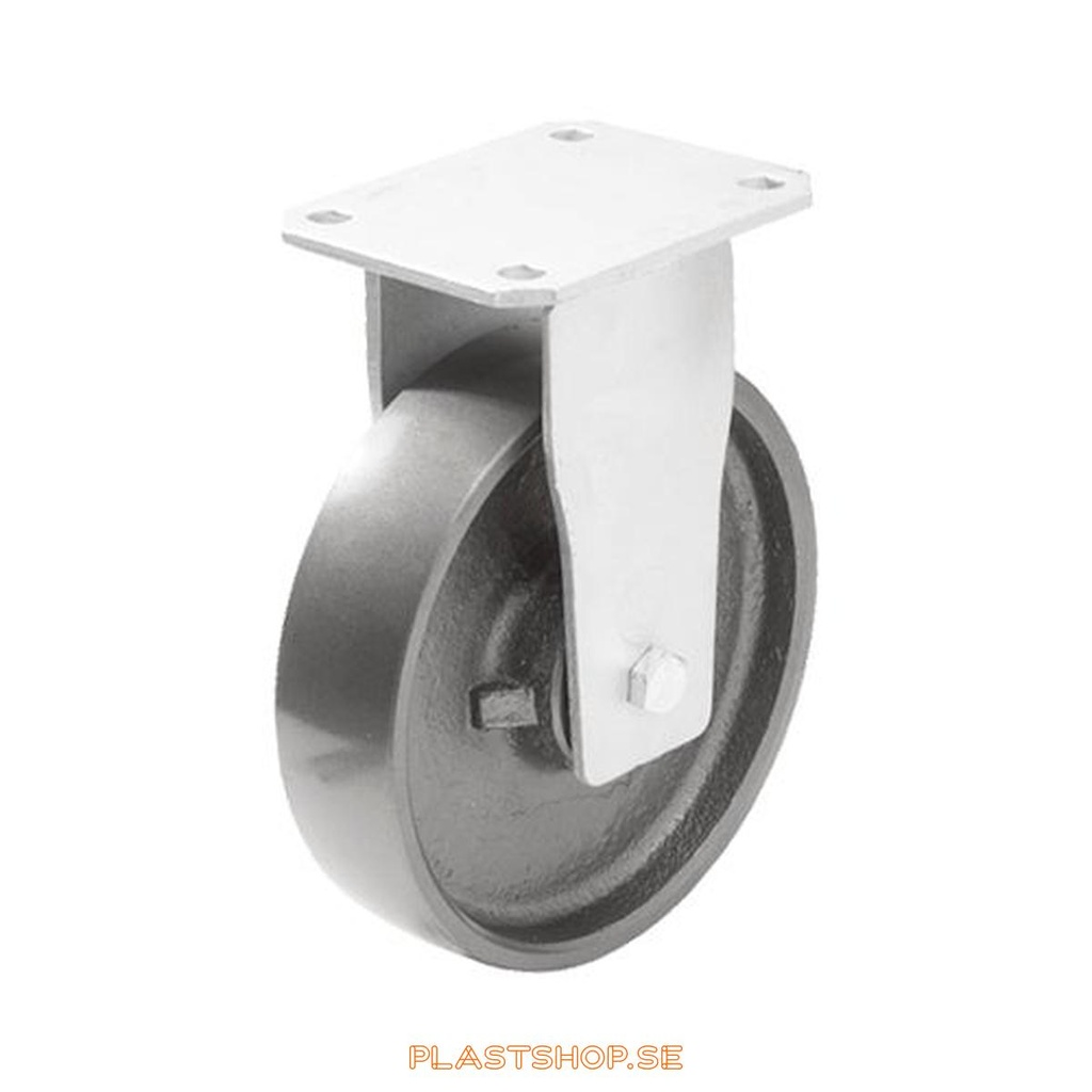 Fixed bracket, plate, wheel diameter 200 mm, building height 245 mm, hard wheel in solid Gjutjärn, grå. 1000 kg load capacity, dubbla ball bearings