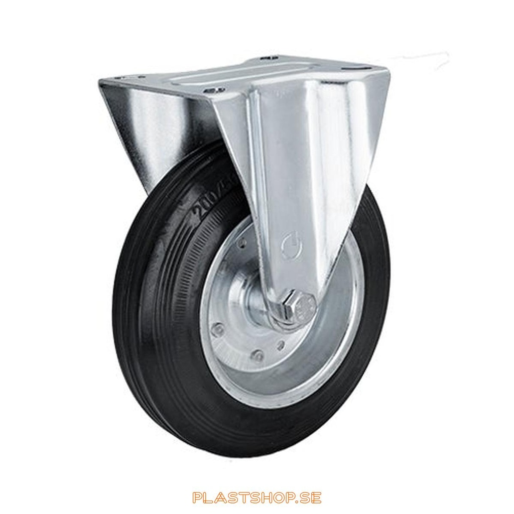 Fixed bracket, plate, wheel diameter 200 mm, building height 236 mm, hub in Plåt with soft track in Gummi, svart. 205 kg load capacity, roller bearings