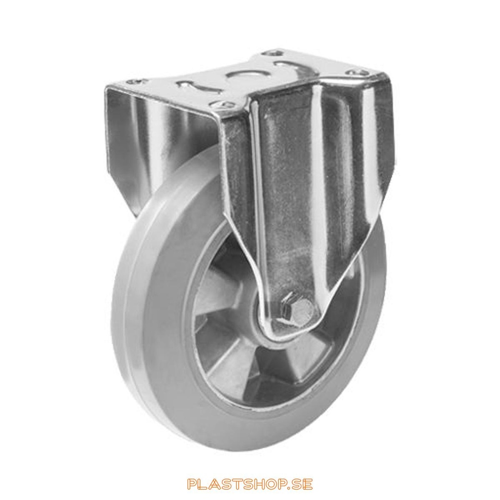 Fast bygel, platta, hjuldiameter 250 mm, bygghöjd 292 mm, nav i Aluminium med mjuk bana i Elastiskt Gummi, grå färg. 550 kg bärighet, dubbla kullager