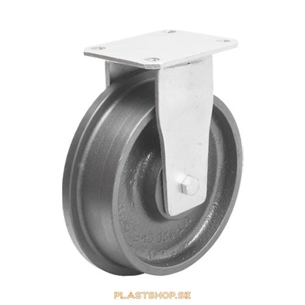 Fixed bracket, plate, wheel diameter 250 mm, building height 300 mm, hard wheel in solid Gjutjärn. 1400 kg load capacity, dubbla ball bearings