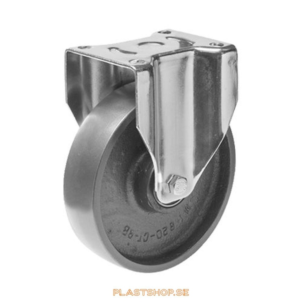 Fixed bracket, plate, wheel diameter 250 mm, building height 292 mm, hard wheel in solid Gjutjärn. 800 kg load capacity, dubbla ball bearings