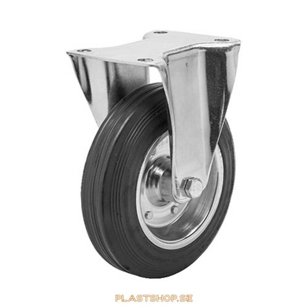 Fixed bracket, plate, wheel diameter 250 mm, building height 290 mm, hub in Plåt with soft track in Gummi, svart. 230 kg load capacity, roller bearings