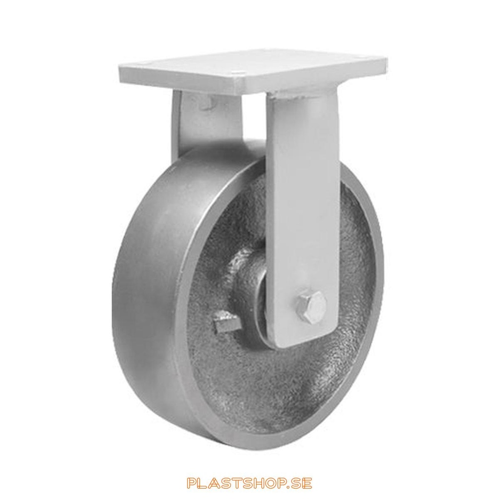 Fixed bracket, plate, wheel diameter 250 mm, building height 314 mm, hard wheel in solid Stål. 2900 kg load capacity, dubbla ball bearings