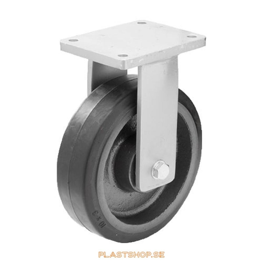 Fast bygel, platta, hjuldiameter 300 mm, bygghöjd 365 mm, nav i Gjutjärn med mjuk bana i Elastiskt Gummi, svart färg. 850 kg bärighet, dubbla kullager