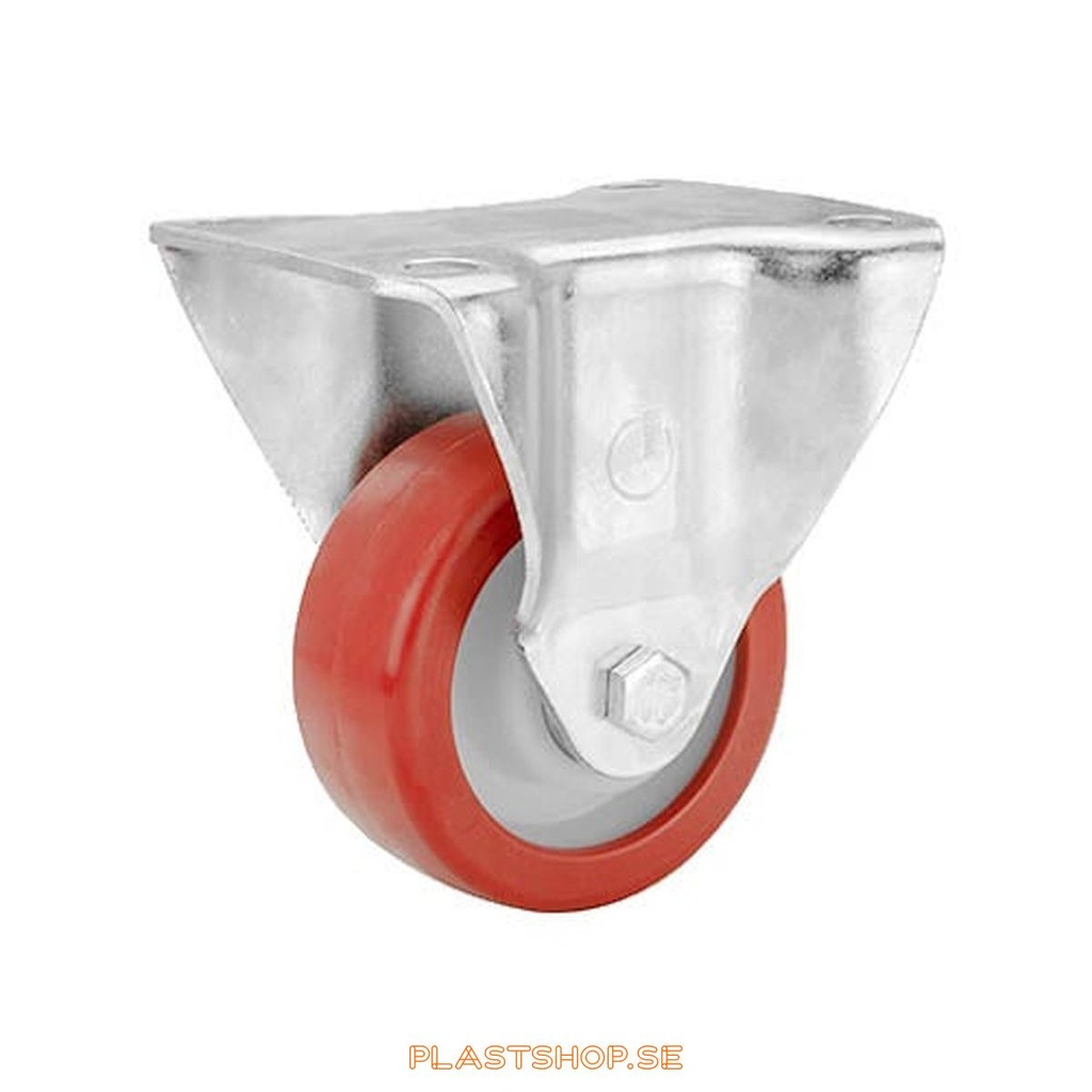 Fixed bracket, plate, wheel diameter 80 mm, building height 111 mm, hub in Nylon PA6 with soft track in Polyuretan, röd. 260 kg load capacity, dubbla ball bearings