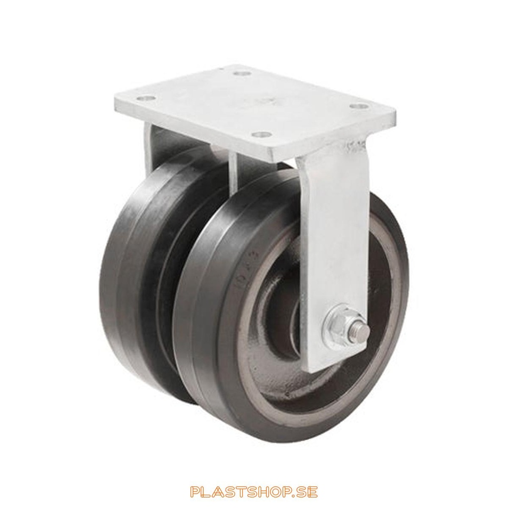 Fixed bracket, plate, wheel diameter 150 mm, building height 212 mm, hub in Gjutjärn with soft track in Elastiskt Gummi, svart. 750 kg load capacity, dubbla ball bearings