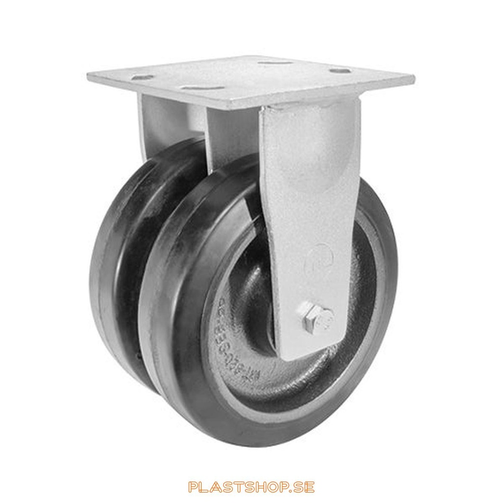 Fixed bracket, plate, wheel diameter 200 mm, building height 250 mm, hub in Gjutjärn with soft track in Elastiskt Gummi, svart. 900 kg load capacity, dubbla ball bearings