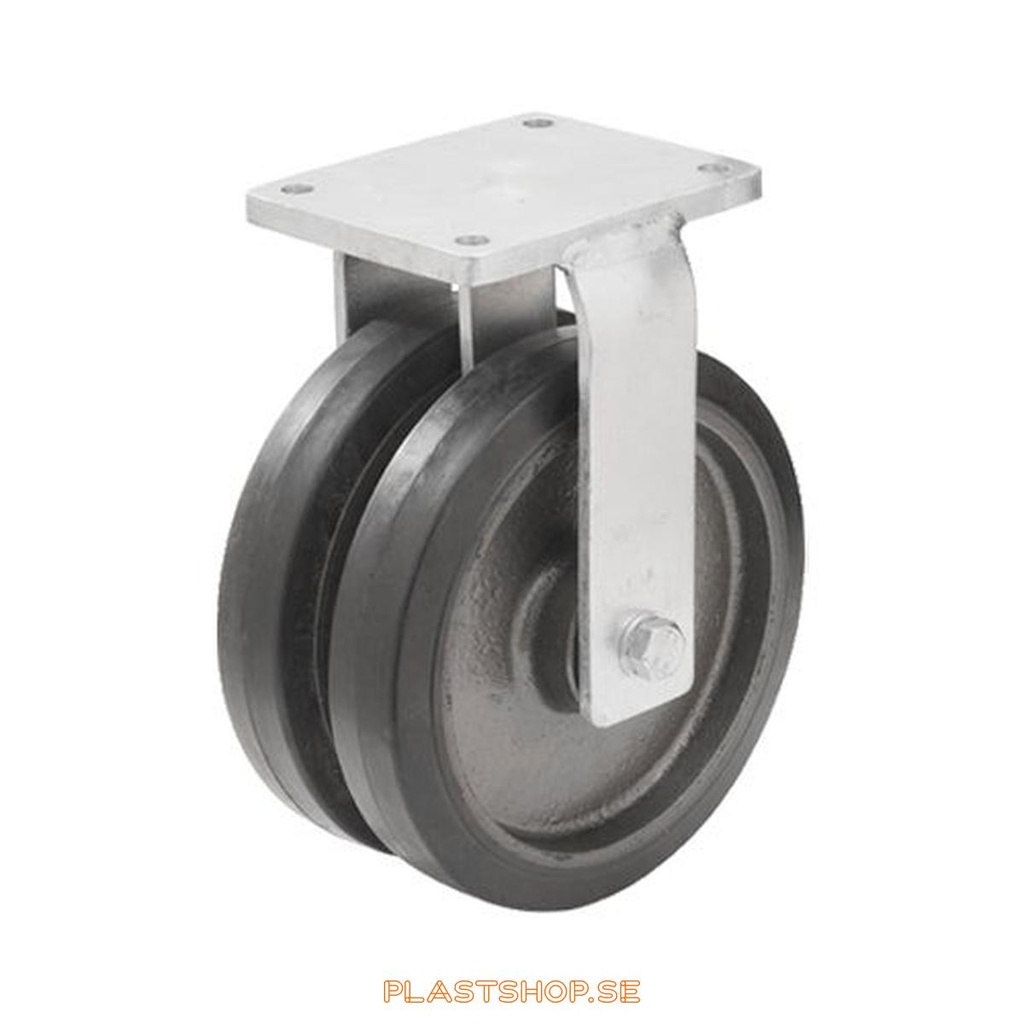 Fixed bracket, plate, wheel diameter 200 mm, building height 264 mm, hub in Gjutjärn with soft track in Elastiskt Gummi, svart. 800 kg load capacity, dubbla ball bearings