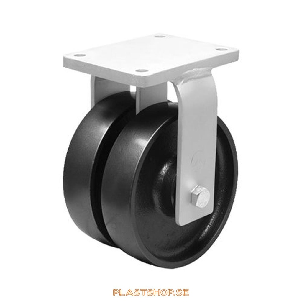 Fixed bracket, plate, wheel diameter 200 mm, building height 264 mm, hard wheel in solid Gjutjärn, grå. 1800 kg load capacity, dubbla ball bearings