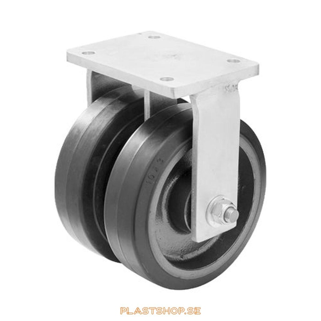 Fast bygel, platta, hjuldiameter 250 mm, bygghöjd 314 mm, nav i Gjutjärn med mjuk bana i Elastiskt Gummi, svart färg. 1350 kg bärighet, dubbla kullager