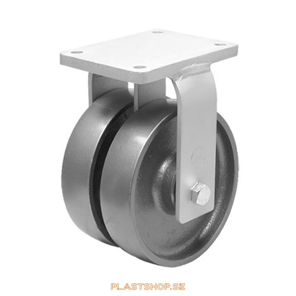 Fixed bracket, plate, wheel diameter 250 mm, building height 314 mm, hard wheel in solid Gjutjärn. 2150 kg load capacity, dubbla ball bearings