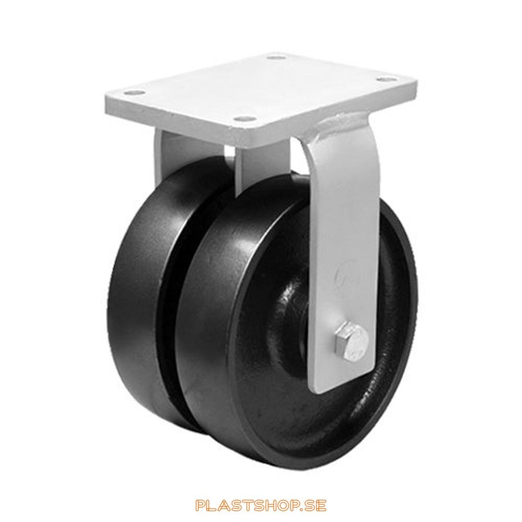 Fixed bracket, plate, wheel diameter 250 mm, building height 314 mm, hard wheel in solid Gjutjärn, grå. 2700 kg load capacity, dubbla ball bearings