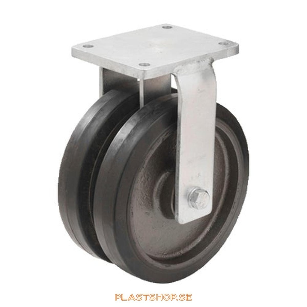 Fixed bracket, plate, wheel diameter 300 mm, building height 365 mm, hub in Gjutjärn with soft track in Elastiskt Gummi, svart. 1170 kg load capacity, dubbla ball bearings
