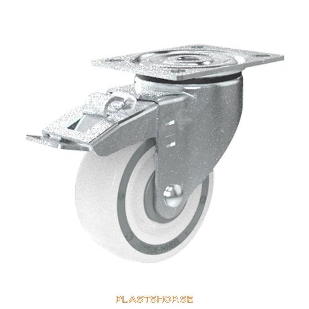 Link wheel, med riktspärr, plate, wheel diameter 100 mm, building height 132 mm, hard wheel in solid Polypropen (PP), natur. 160 kg load capacity, ball bearings