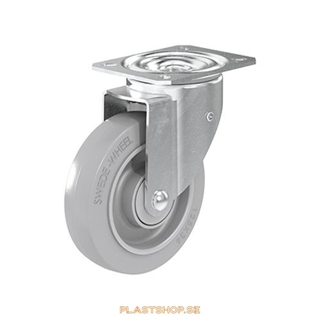 Länkhjul, utan broms, platta, hjuldiameter 125 mm, bygghöjd 157 mm, nav i Nylon PA6 med mjuk bana i Elastiskt Gummi, grå färg. 225 kg bärighet, kullager