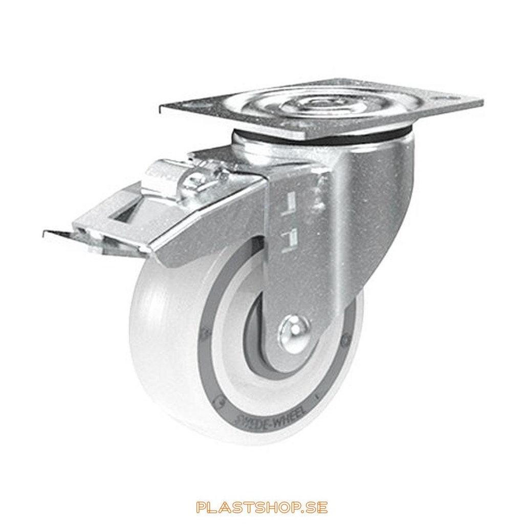 Link wheel, with total brake, plate, wheel diameter 100 mm, building height 132 mm, hard wheel in solid Polypropen (PP), natur. 160 kg load capacity, ball bearings