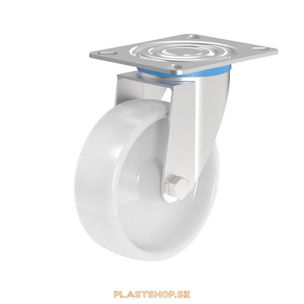 Link wheel, without brake, plate, wheel diameter 100 mm, building height 127 mm, hard wheel in solid Nylon PA6, vit. 130 kg load capacity, slide bearings