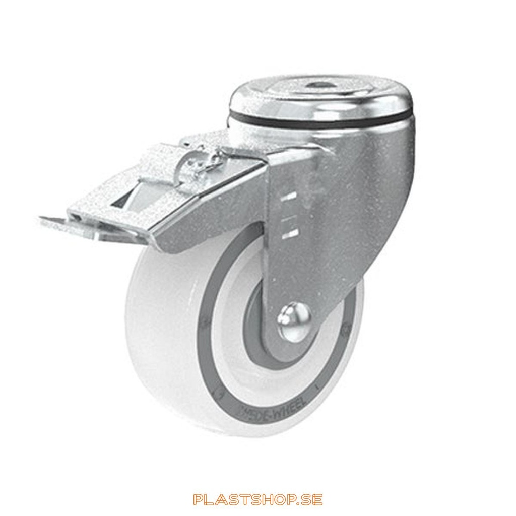 Link wheel, with total brake, center hole, wheel diameter 100 mm, building height 132 mm, hard wheel in solid Polypropen (PP), natur. 160 kg load capacity, ball bearings