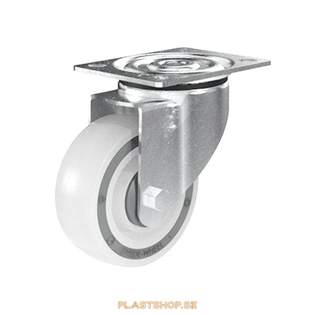 Link wheel, without brake, plate, wheel diameter 100 mm, building height 128 mm, hub in Polypropen (PP) with soft track in TPE, natur. 150 kg load capacity, ball bearings