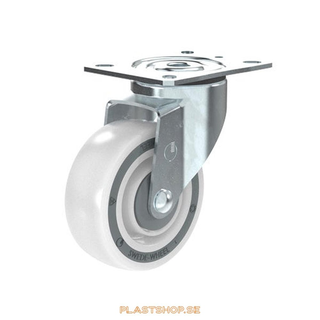 Link wheel, without brake, plate, wheel diameter 100 mm, building height 128 mm, hard wheel in solid Polypropen (PP), natur. 140 kg load capacity, ball bearings