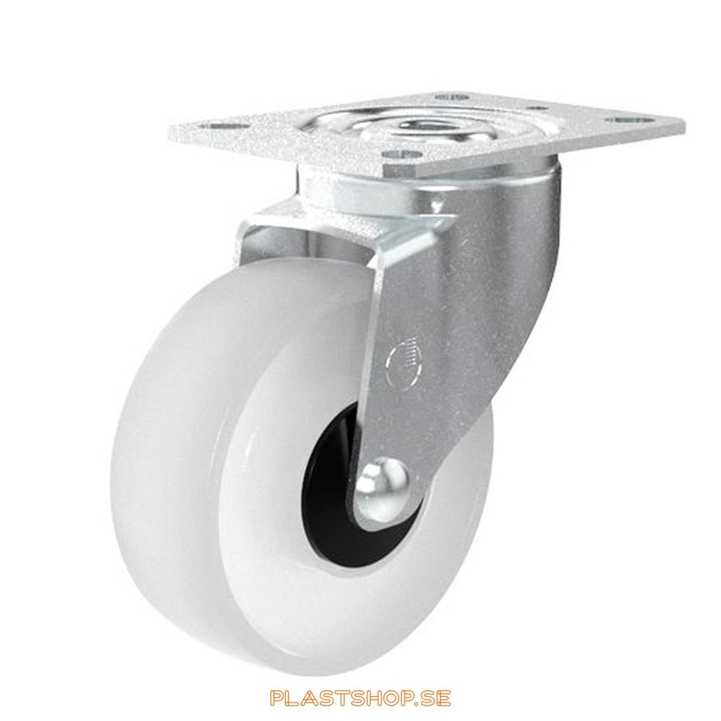 Länkhjul, utan broms, platta, hjuldiameter 100 mm, bygghöjd 128 mm, hårt hjul i massiv Polypropen (PP), vit färg. 140 kg bärighet, kullager