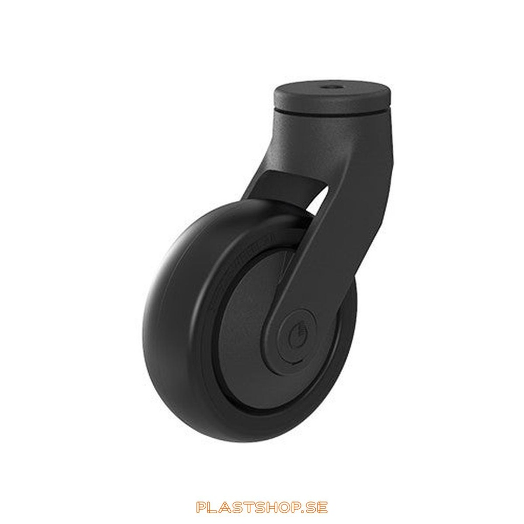 Länkhjul, utan broms, centrumhål, hjuldiameter 100 mm, bygghöjd 140 mm, nav i Polypropen (PP) med mjuk bana i TPE, svart färg. 100 kg bärighet, kullager