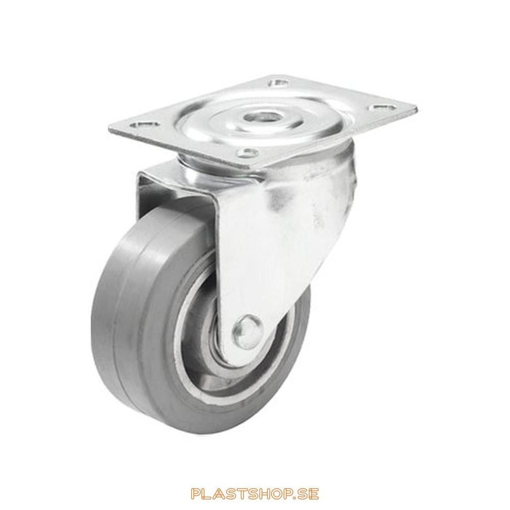 Link wheel, without brake, plate, wheel diameter 100 mm, building height 132 mm, hub in Aluminium with soft track in Elastiskt Gummi, grå. 225 kg load capacity, dubbla ball bearings