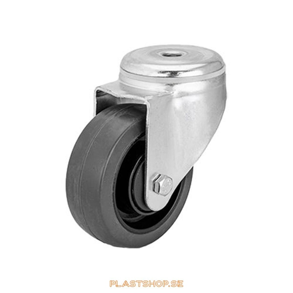 Link wheel, without brake, center hole, wheel diameter 100 mm, building height 128 mm, hub in Nylon PA6 with soft track in Elastiskt Gummi, grå. 200 kg load capacity, ball bearings