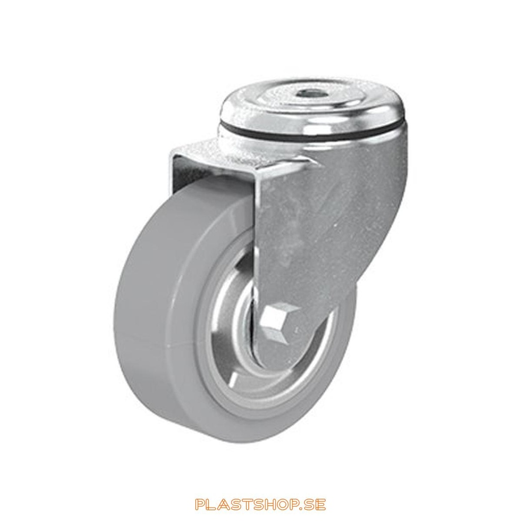 Link wheel, without brake, center hole, wheel diameter 100 mm, building height 128 mm, hub in Aluminium with soft track in Elastiskt Gummi, grå. 225 kg load capacity, dubbla ball bearings