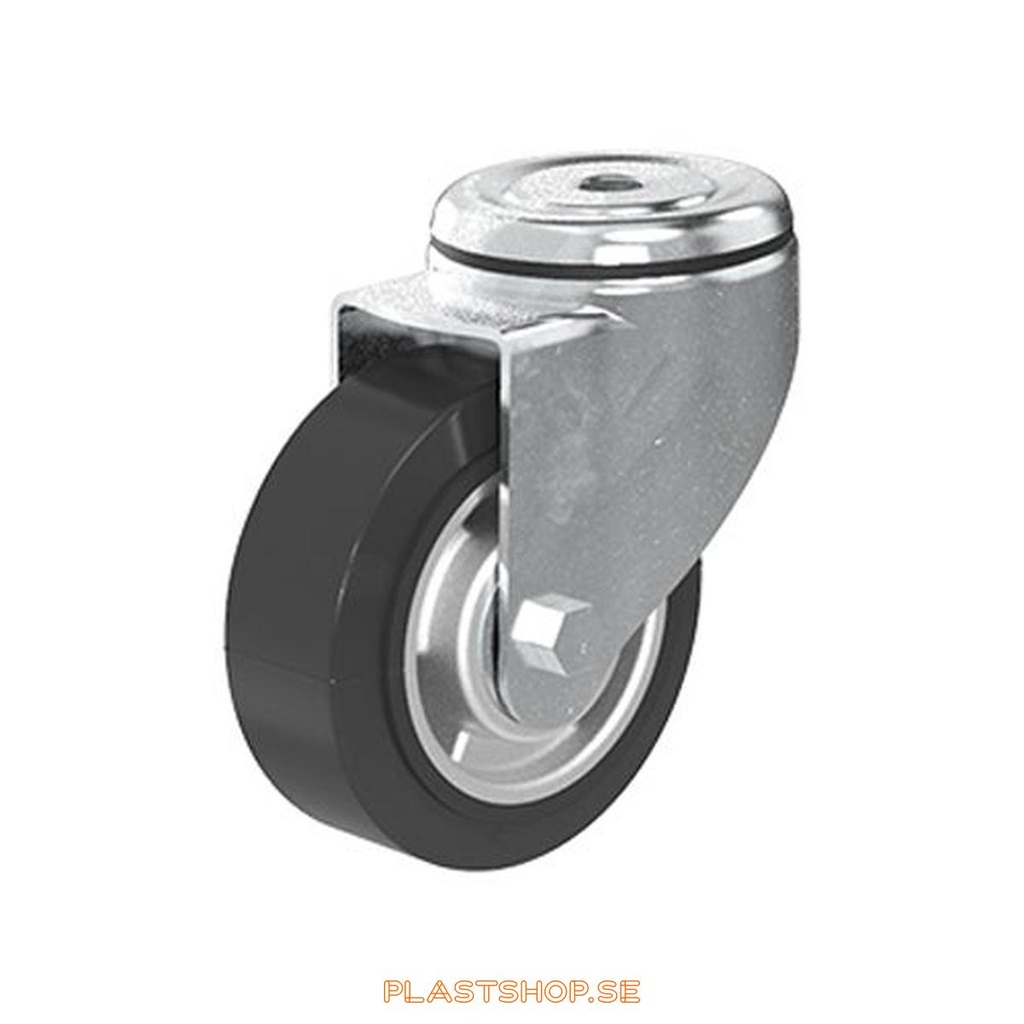 Link wheel, without brake, center hole, wheel diameter 100 mm, building height 128 mm, hub in Aluminium with soft track in Elastiskt Gummi, svart. 225 kg load capacity, dubbla ball bearings