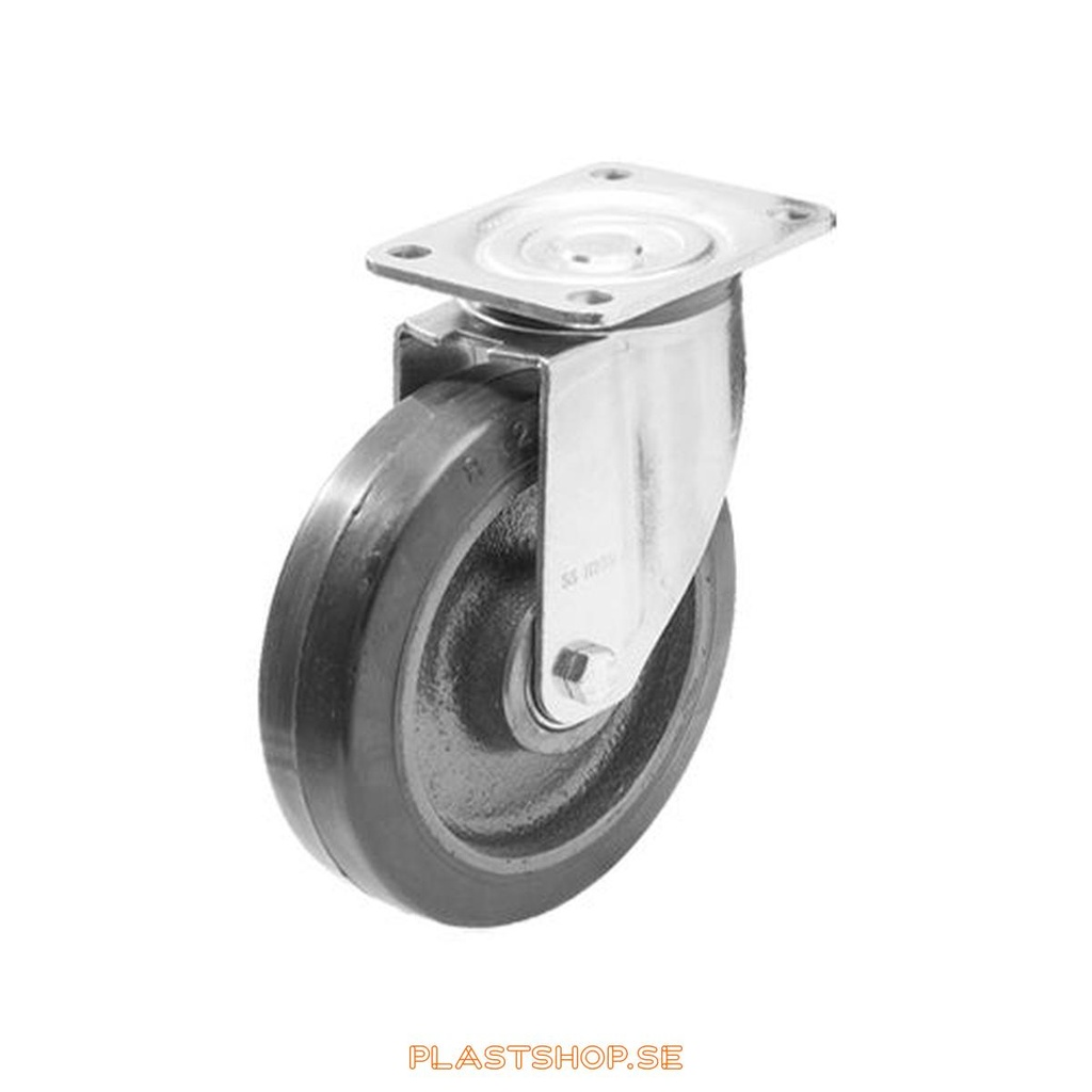 Link wheel, without brake, plate, wheel diameter 100 mm, building height 142 mm, hub in Gjutjärn with soft track in Elastiskt Gummi, svart. 210 kg load capacity, dubbla ball bearings