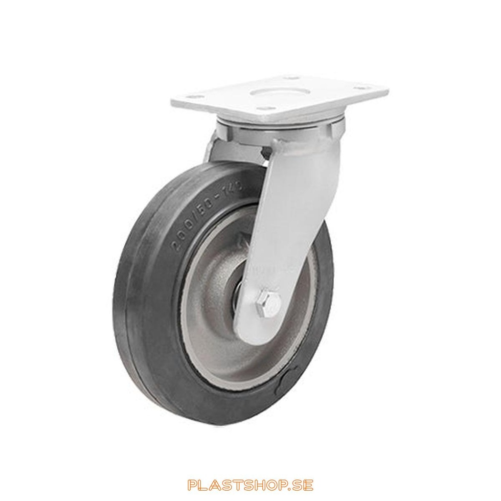 Link wheel, without brake, plate, wheel diameter 100 mm, building height 145 mm, hub in Gjutjärn with soft track in Elastiskt Gummi, svart. 210 kg load capacity, dubbla ball bearings