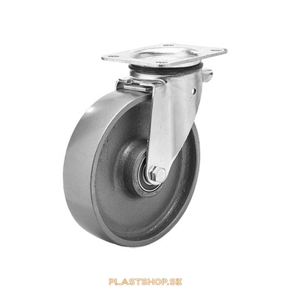 Link wheel, without brake, plate, wheel diameter 100 mm, building height 140 mm, hard wheel in solid Gjutjärn. 450 kg load capacity, dubbla ball bearings