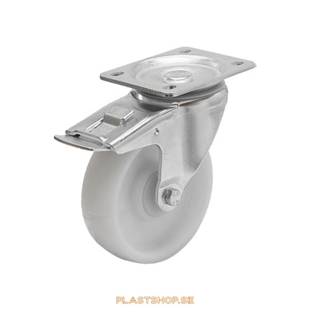 Länkhjul, med totalbroms, platta, hjuldiameter 100 mm, bygghöjd 130 mm, hårt hjul i massiv Nylon PA6, vit färg. 400 kg bärighet, rullager