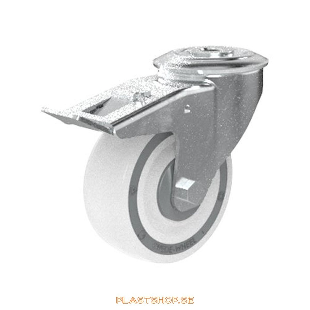 Link wheel, with total brake, center hole, wheel diameter 100 mm, building height 128 mm, hard wheel in solid Polypropen (PP), natur. 140 kg load capacity, ball bearings