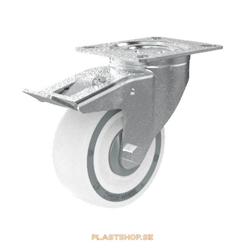 Link wheel, with total brake, plate, wheel diameter 100 mm, building height 128 mm, hard wheel in solid Polypropen (PP), natur. 150 kg load capacity, ball bearings