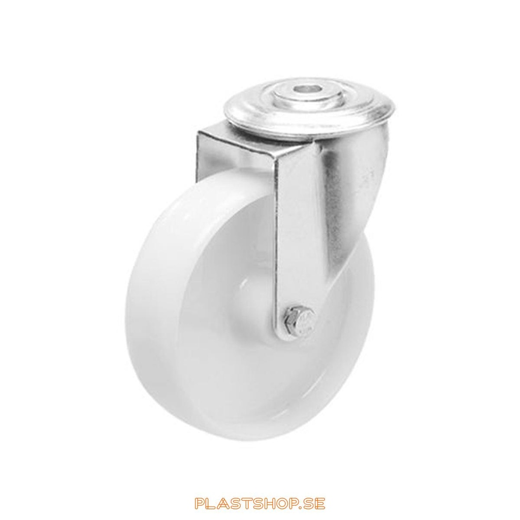 Link wheel, without brake, center hole, wheel diameter 100 mm, building height 128 mm, hard wheel in solid Polypropen (PP), vit. 150 kg load capacity, slide bearings