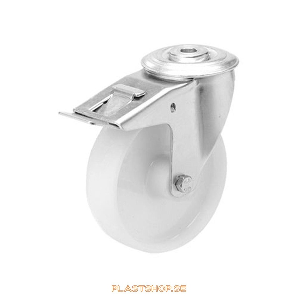 Länkhjul, med totalbroms, centrumhål, hjuldiameter 100 mm, bygghöjd 128 mm, hårt hjul i massiv Polypropen (PP), vit färg. 150 kg bärighet, glidlager