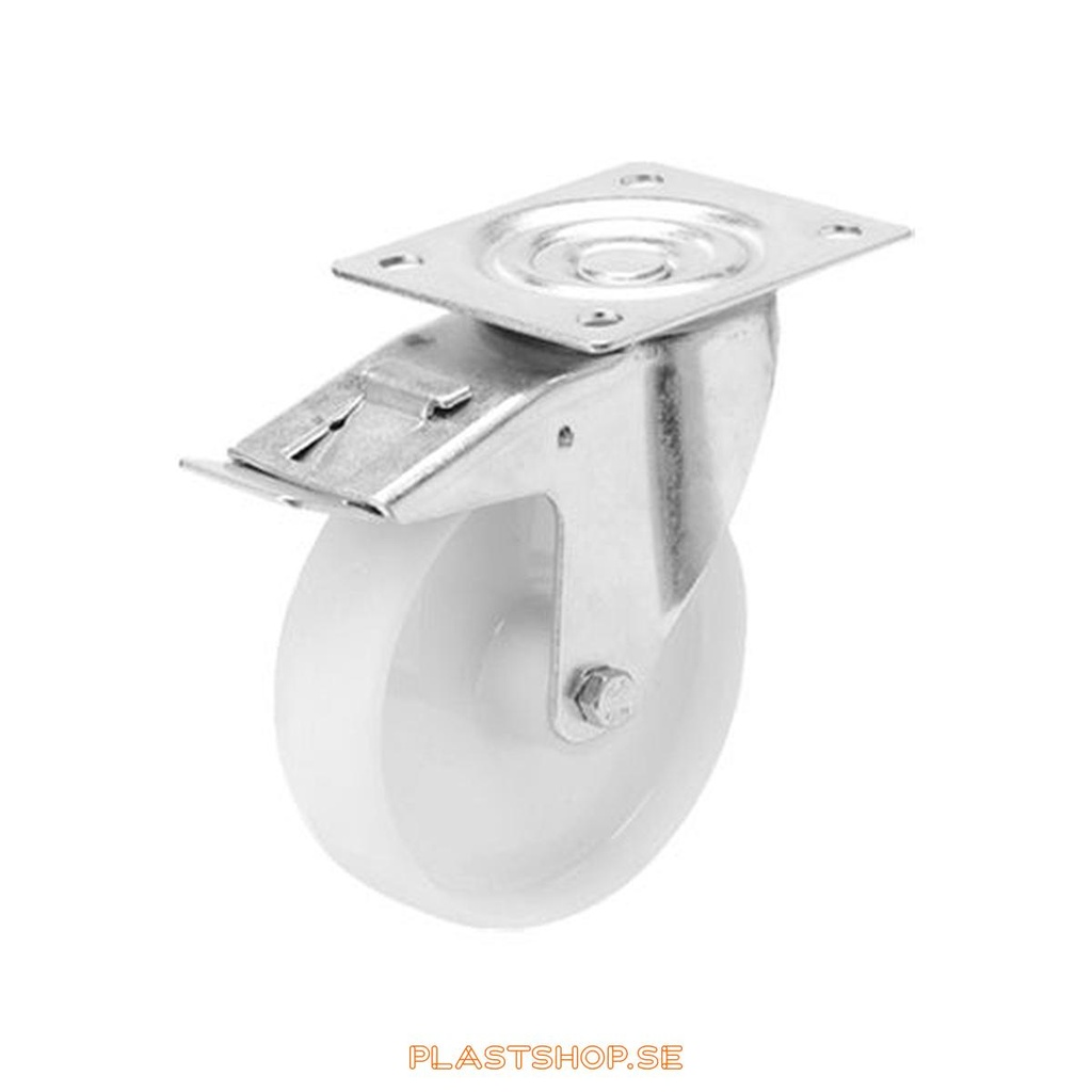 Link wheel, with total brake, plate, wheel diameter 100 mm, building height 128 mm, hard wheel in solid Polypropen (PP), vit. 150 kg load capacity, slide bearings