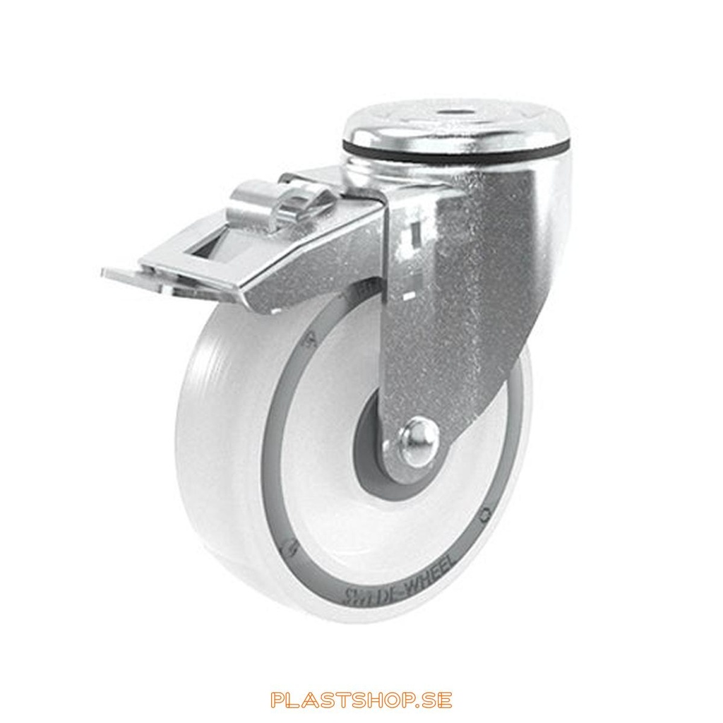 Link wheel, with total brake, center hole, wheel diameter 125 mm, building height 157 mm, hard wheel in solid Polypropen (PP), natur. 160 kg load capacity, ball bearings