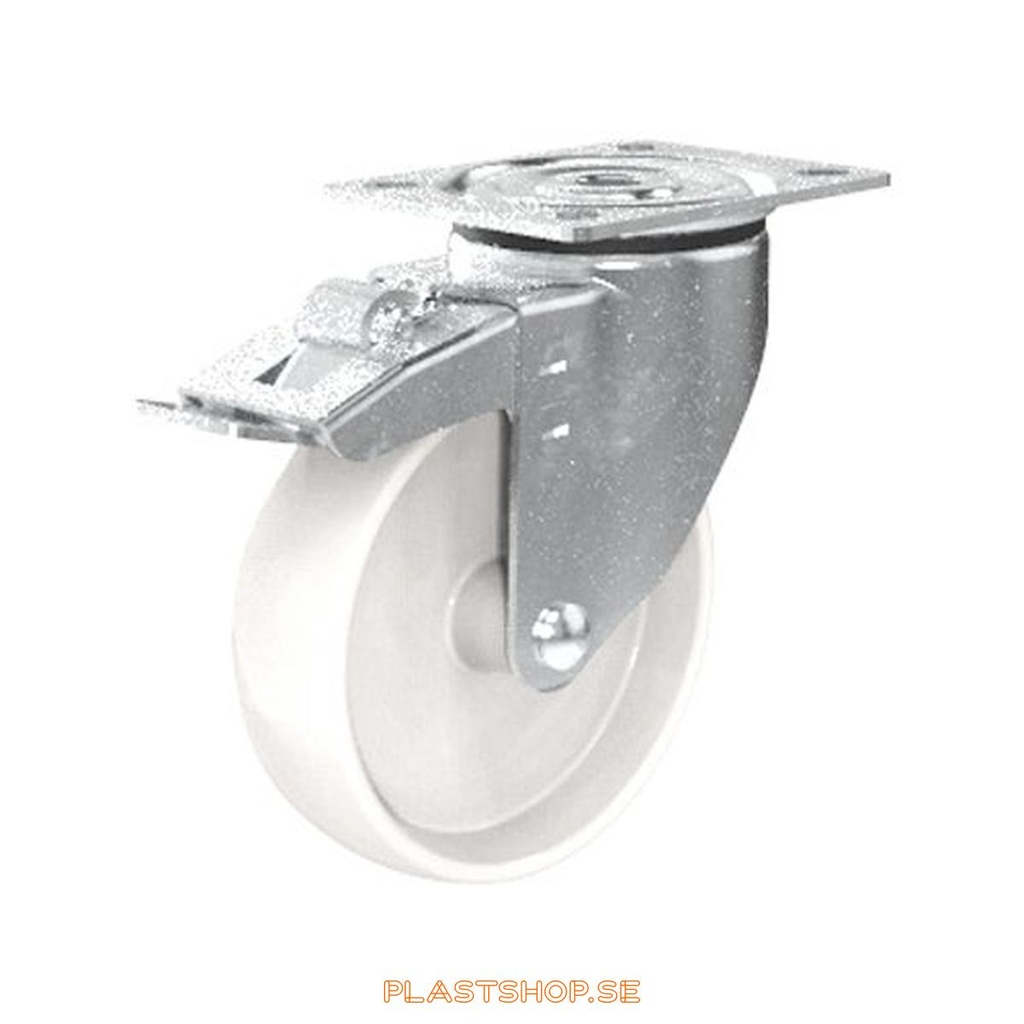 Link wheel, with total brake, plate, wheel diameter 125 mm, building height 157 mm, hard wheel in solid Polypropen (PP), natur. 160 kg load capacity, slide bearings