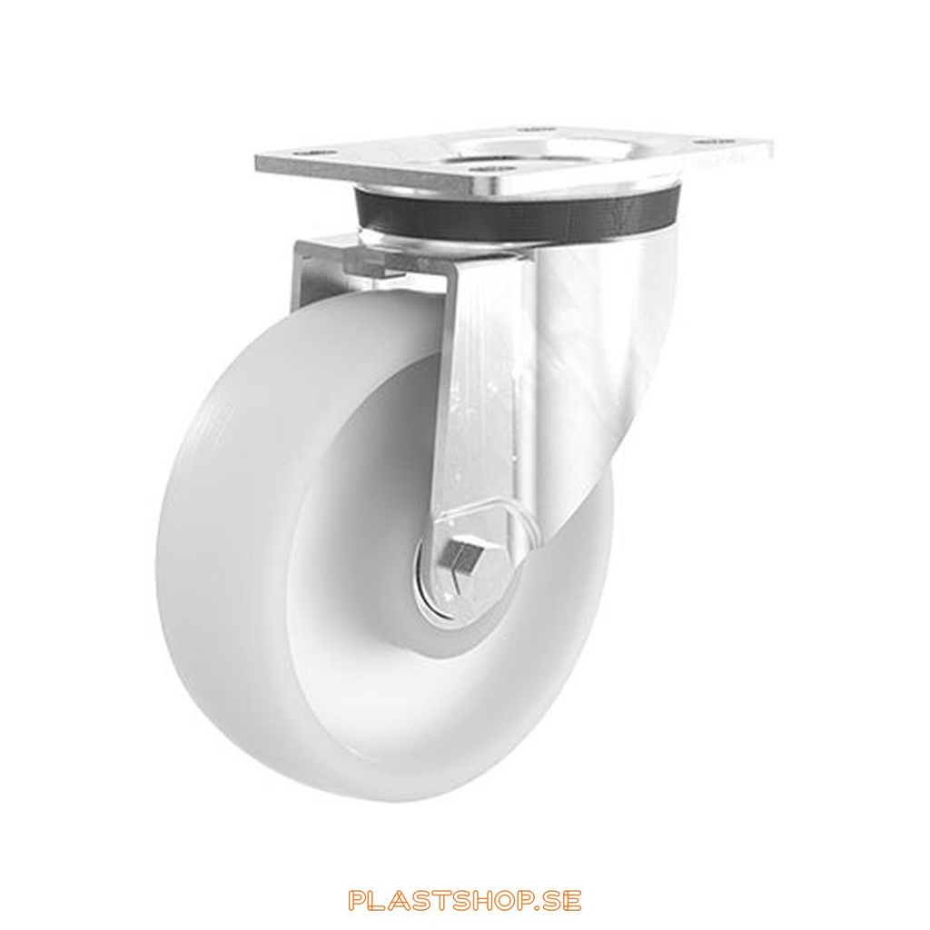 Link wheel, without brake, plate, wheel diameter 125 mm, building height 156 mm, hard wheel in solid Nylon PA6, natur. 350 kg load capacity, dubbla ball bearings