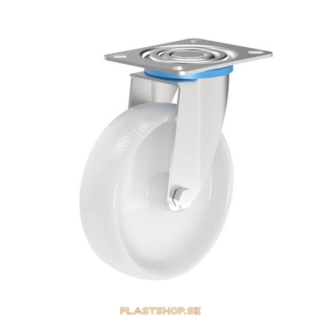 Link wheel, without brake, plate, wheel diameter 125 mm, building height 155 mm, hard wheel in solid Nylon PA6, vit. 130 kg load capacity, slide bearings