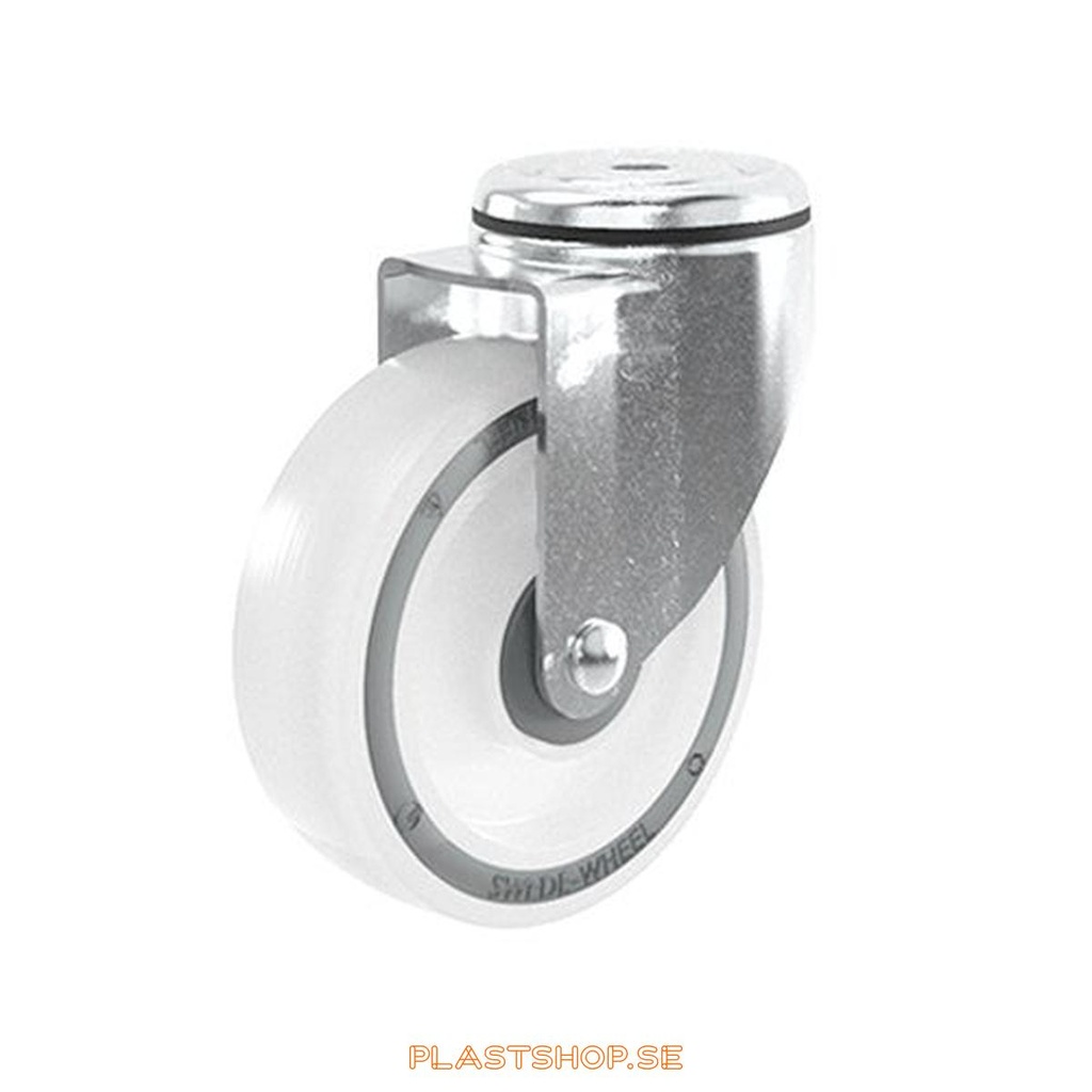 Link wheel, without brake, center hole, wheel diameter 125 mm, building height 157 mm, hard wheel in solid Polypropen (PP), natur. 170 kg load capacity, ball bearings