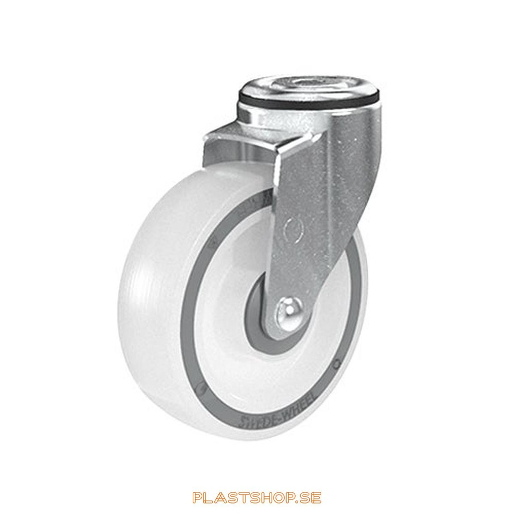 Link wheel, without brake, center hole, wheel diameter 125 mm, building height 157 mm, hard wheel in solid Polypropen (PP), natur. 140 kg load capacity, ball bearings