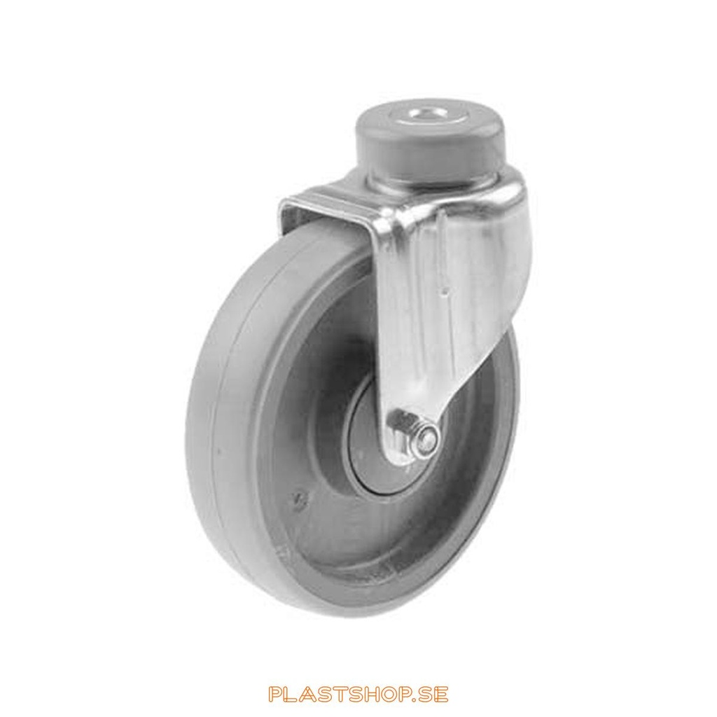 Link wheel, without brake, center hole, wheel diameter 125 mm, building height 150 mm, hub in Nylon PA6 with soft track in Polyuretan, grå. 100 kg load capacity, ball bearings