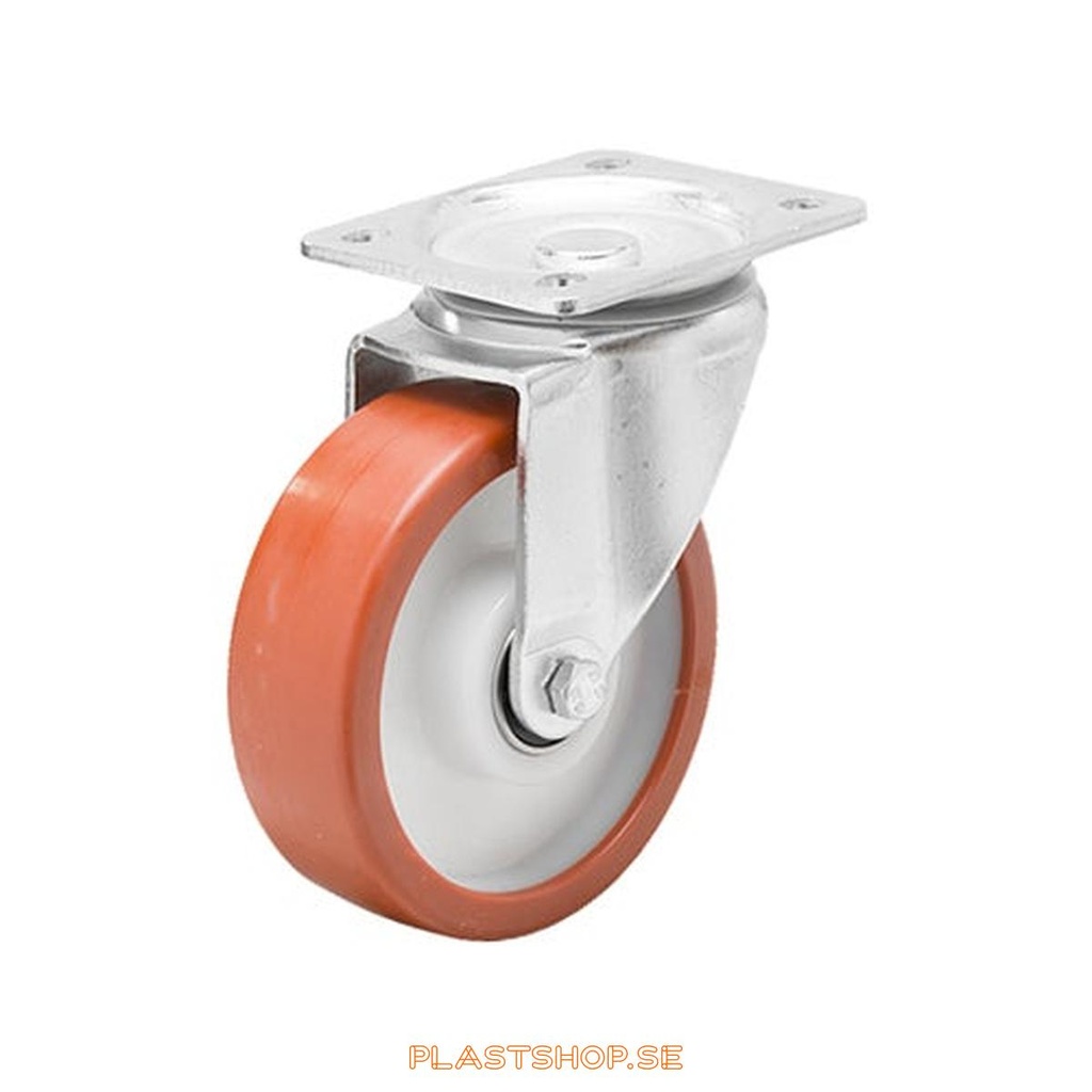 Link wheel, without brake, plate, wheel diameter 125 mm, building height 156 mm, hub in Nylon PA6 with soft track in Polyuretan, röd. 400 kg load capacity, dubbla ball bearings